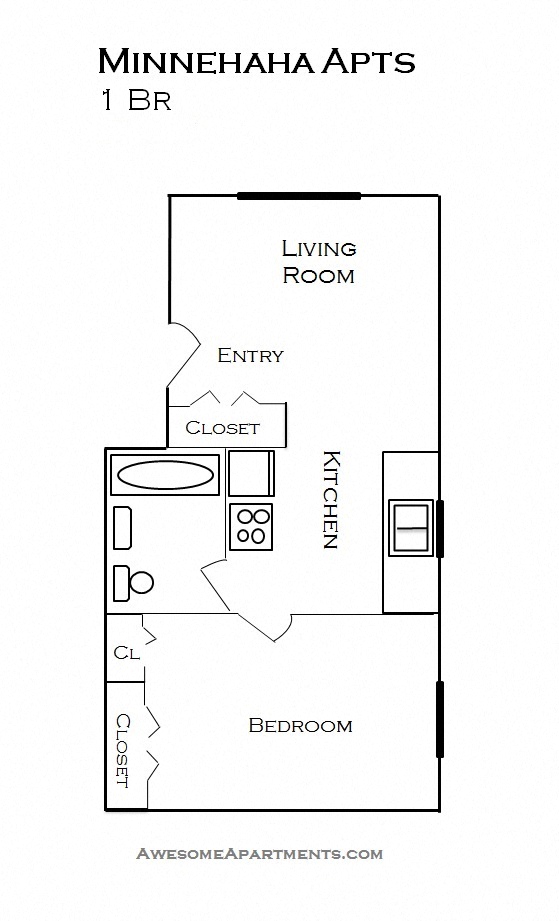 Floor plan for 1 bed, 1 bath, 500 sqft